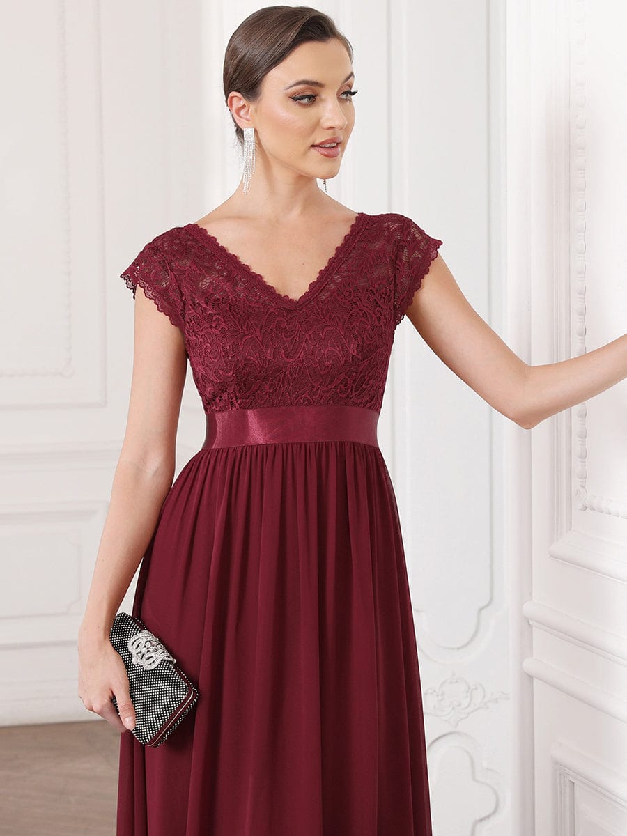 Lace V-Neck & Plunging Back Empire Waist Chiffon Evening Dress