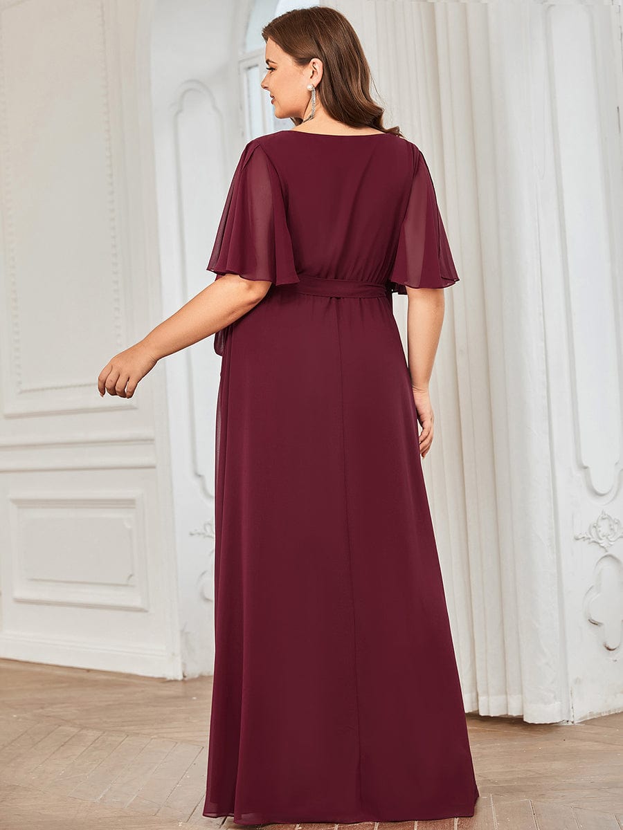 Flutter Sleeve Tie Waist High Slit Chiffon Evening Dress #Color_Burgundy