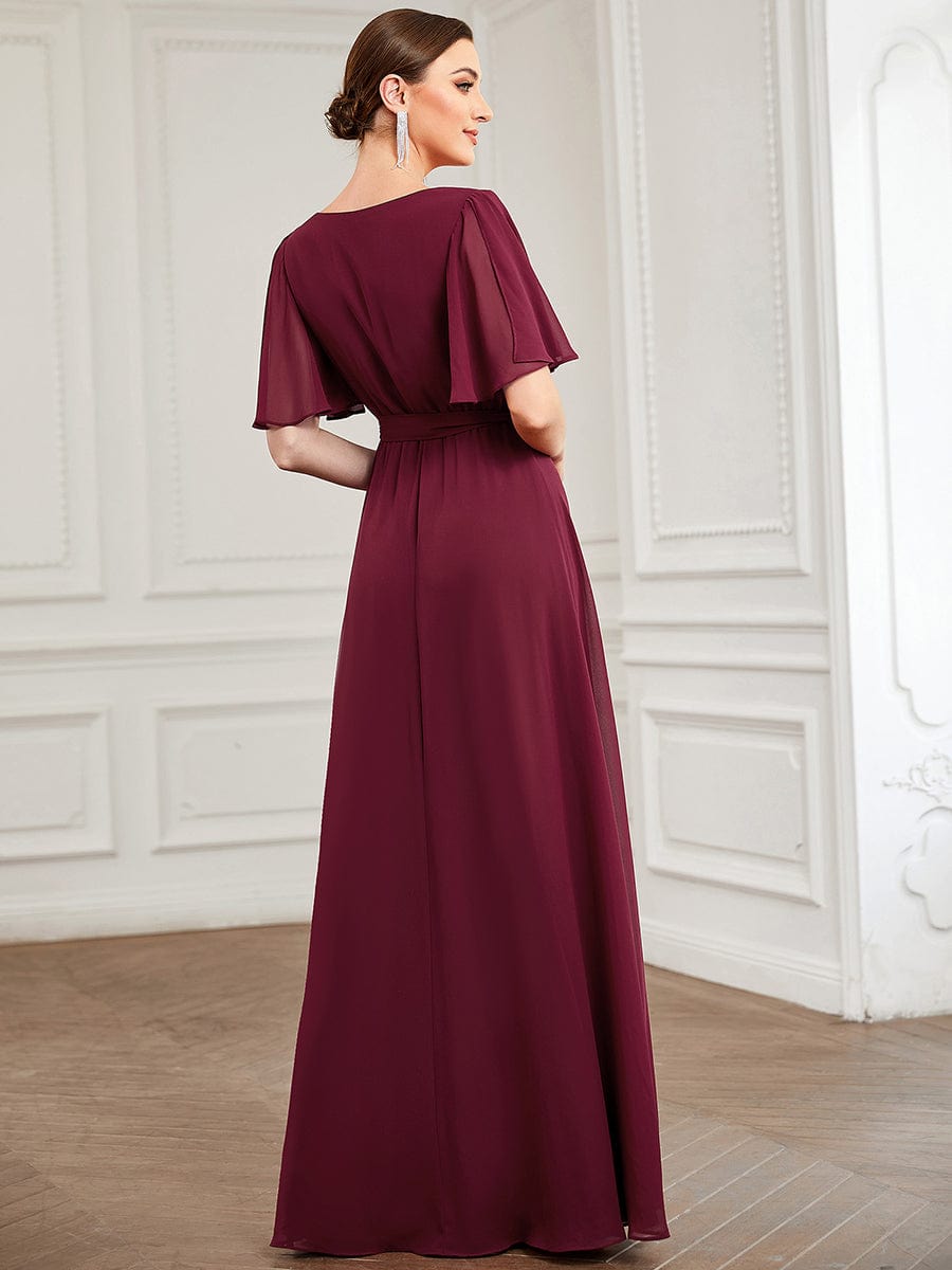 Flutter Sleeve Tie Waist High Slit Chiffon Evening Dress #Color_Burgundy