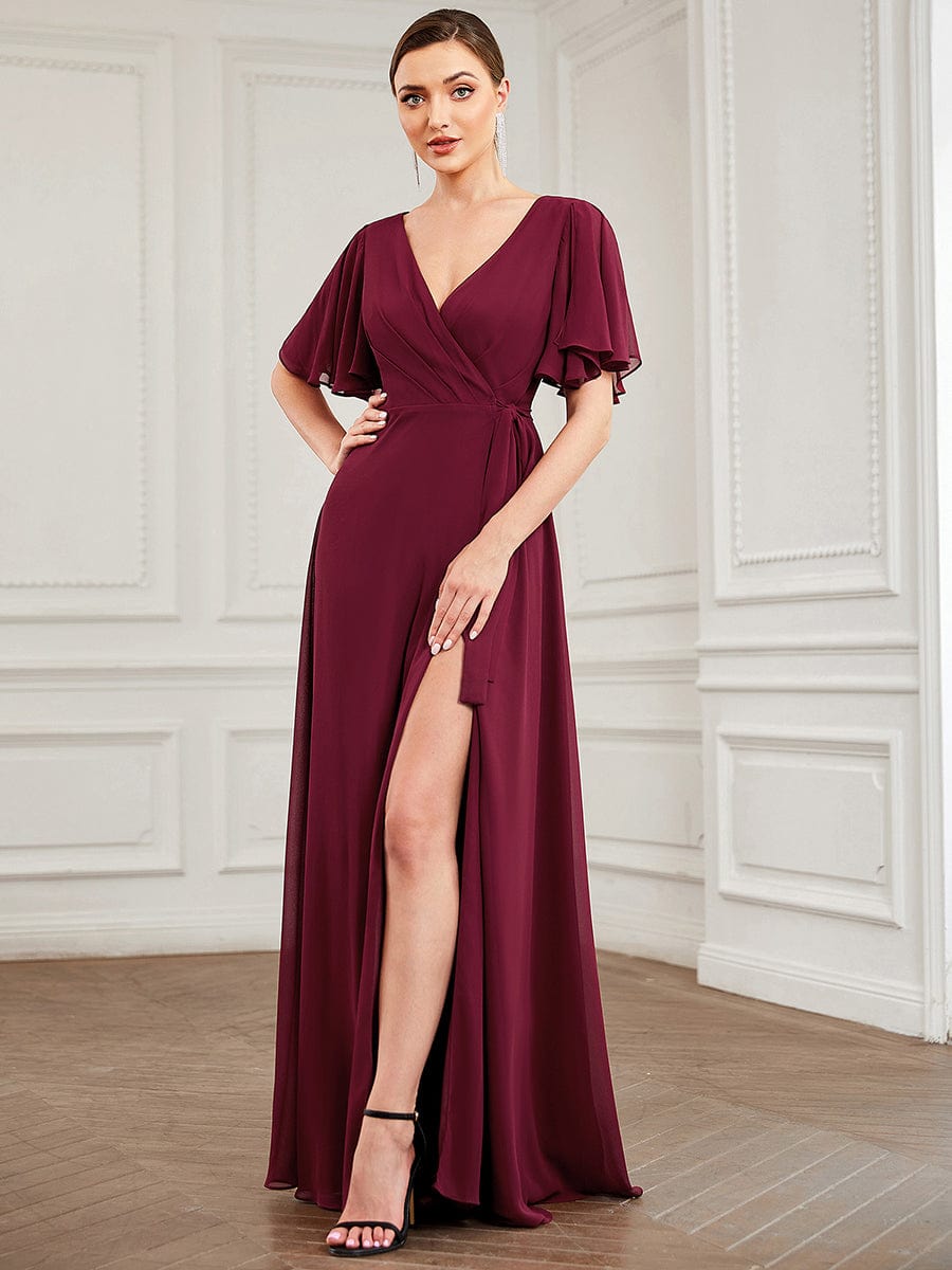 Flutter Sleeve Tie Waist High Slit Chiffon Evening Dress #Color_Burgundy