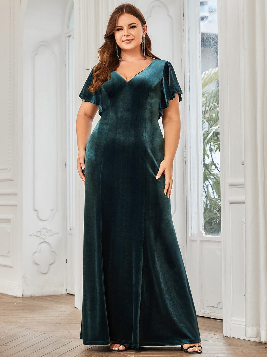 Plus Size Ruffle Sleeve V-Neck Plunging Back Velvet Fishtail Evening Dress #Color_Dark Green