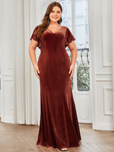 Plus Size Ruffle Sleeve V-Neck Plunging Back Velvet Fishtail Evening Dress #Color_Brick Red