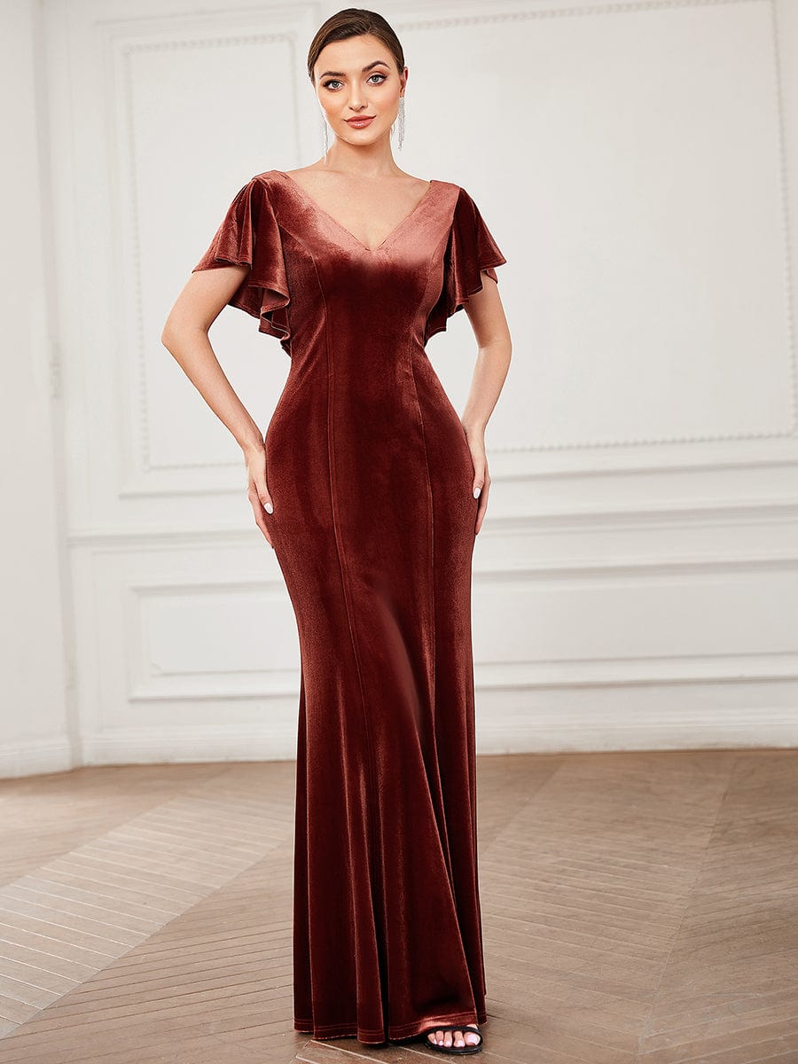 Ruffle Sleeve V-Neck Plunging Back Velvet Bodycon Evening Dress #Color_Brick Red