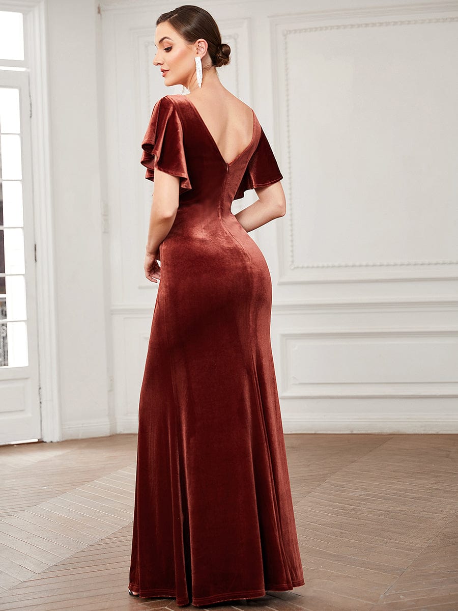 Ruffle Sleeve V-Neck Plunging Back Velvet Bodycon Evening Dress #Color_Brick Red