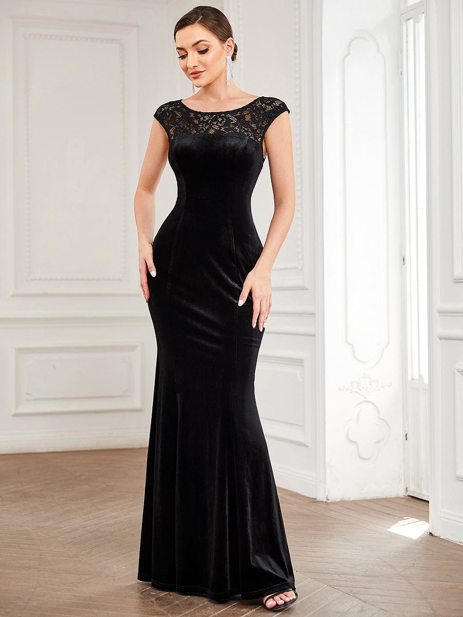 Contrast Lace Top Velvet Bodycon Fishtail Evening Dress #color_Black