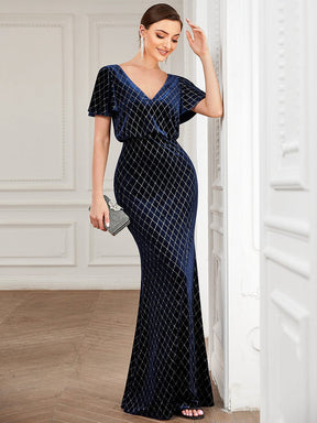 V-Neck Short Sleeve Velvet Sparkly Bodycon Evening Dress