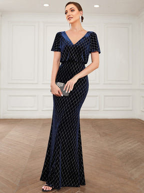 V-Neck Short Sleeve Velvet Sparkly Bodycon Evening Dress