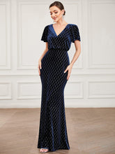 V-Neck Short Sleeve Velvet Sparkly Bodycon Evening Dress #color_Navy Blue