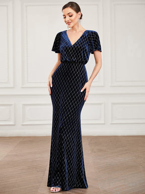 V-Neck Short Sleeve Velvet Sparkly Bodycon Evening Dress