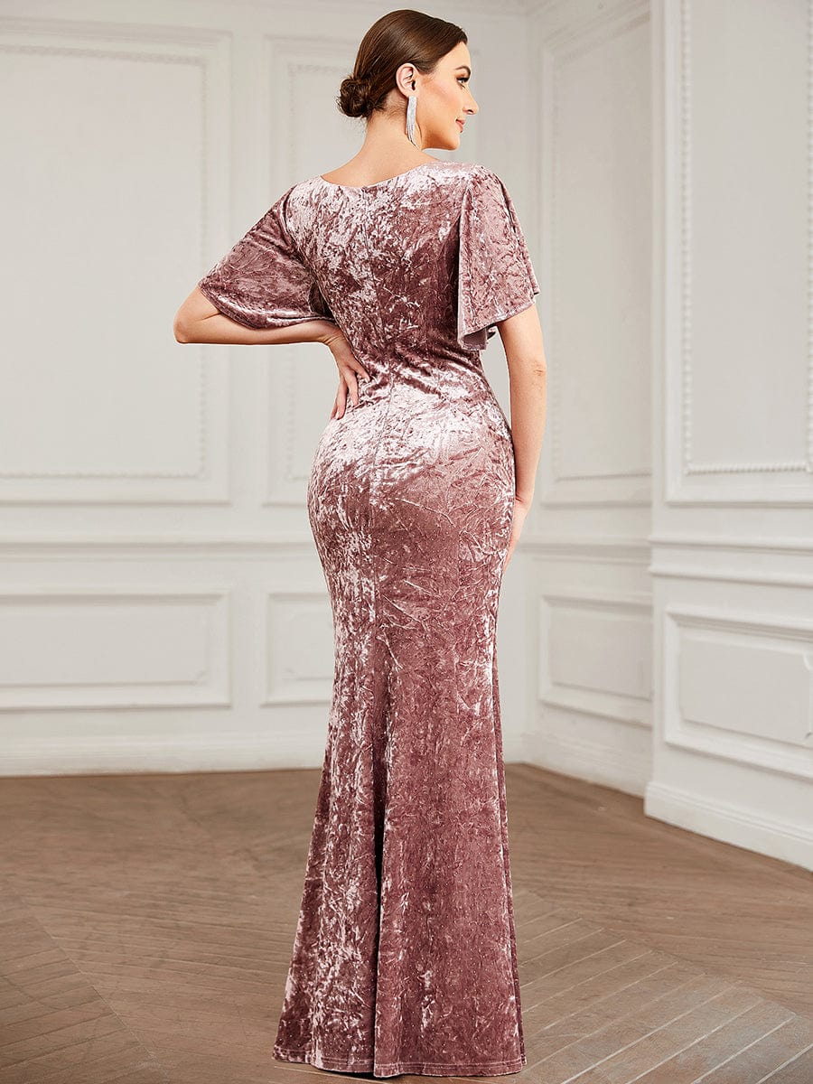 Velvet Short Sleeve Floor-Length Bodycon Fishtail Evening Dress
