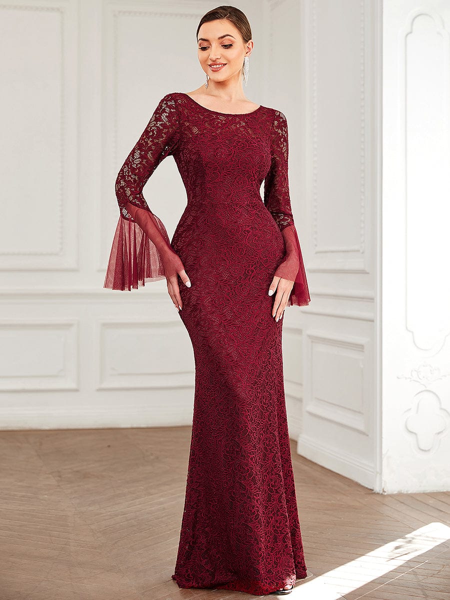 Round Collar Tulle Bell Sleeve Lace Bodycon Evening Dress