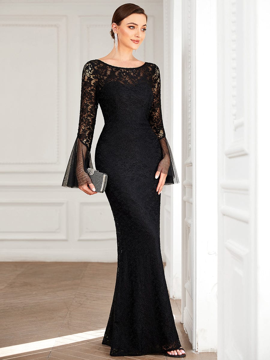 Round Collar Tulle Bell Sleeve Lace Bodycon Evening Dress