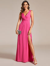 Floor Length V Neck Shimmery Evening Dresses with Side Split #color_Hot Pink