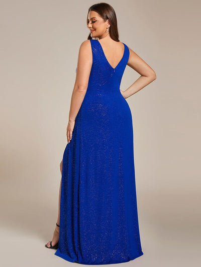 Shiny V Neck Floor Length Plus Size Evening Dresses with Side Split #color_Sapphire Blue