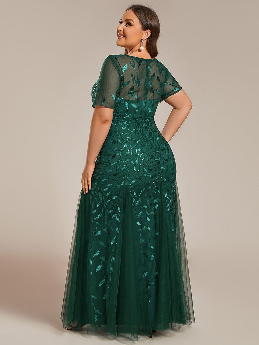 Plus Size Sequin Leaf Long Mermaid Tulle Prom Dress