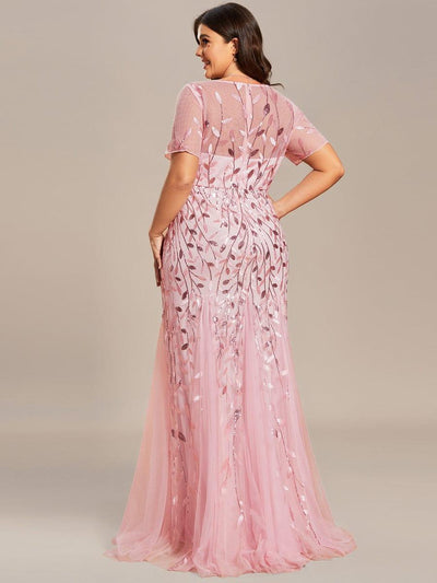 Sequin Leaf Maxi Long Fishtail Tulle Prom Dress With Half Sleeve #color_Pink