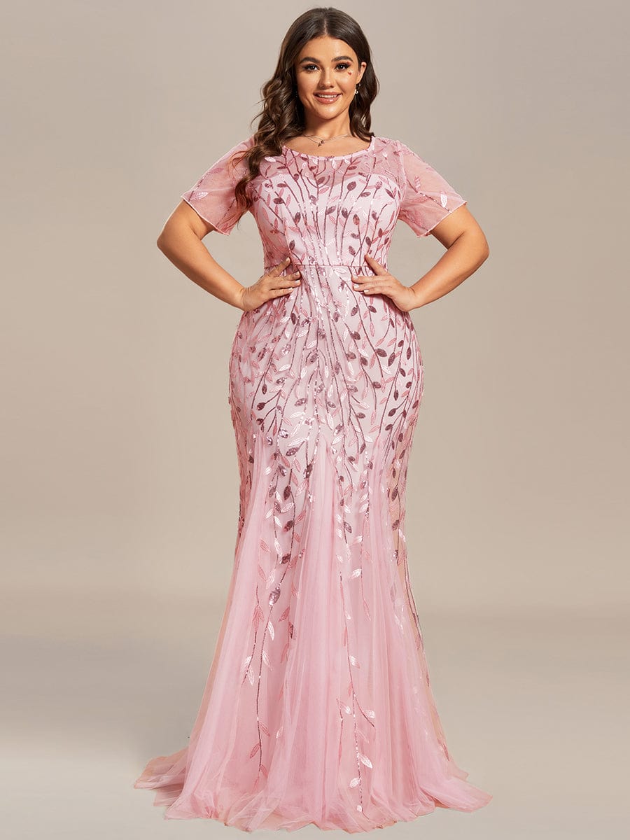 Plus Size Sequin Leaf Long Mermaid Tulle Prom Dress #color_Pink