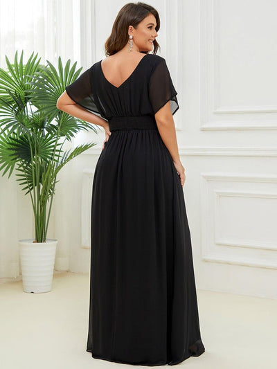 Plus Size V-neck A-Line Empire Waist Chiffon Evening Dress #color_Black