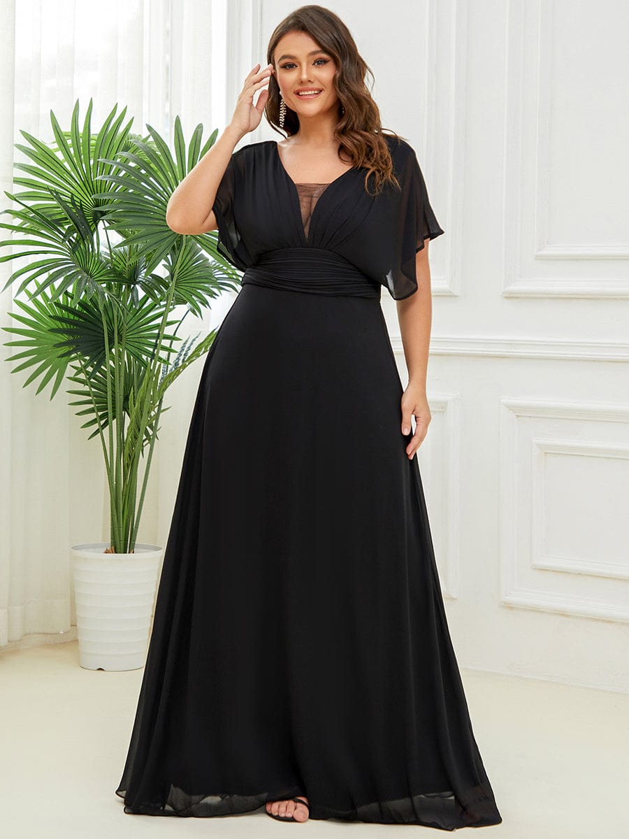 Plus Size V-neck A-Line Empire Waist Chiffon Evening Dress #color_Black