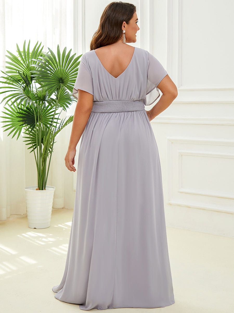 Plus Size V-neck A-Line Empire Waist Chiffon Evening Dress #color_Grey