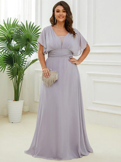 Plus Size V-neck A-Line Empire Waist Chiffon Evening Dress #color_Grey