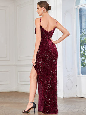 Sequin Ruched Thigh High Slit Floor Length Evening Dress