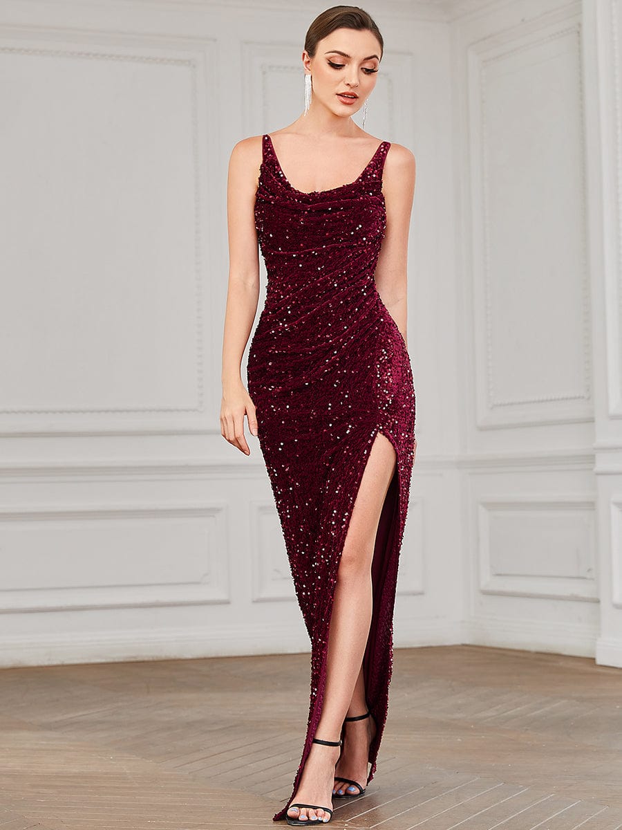 Custom Size Sequin Ruched Thigh High Slit Floor Length Evening Dress #color_Burgundy