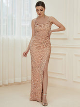 Sequin Ruched Thigh High Slit Floor Length Evening Dress #color_Rose Gold