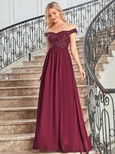 Off Shoulder Shining Paillette A-Line Maxi Evening Dress #color_Burgundy