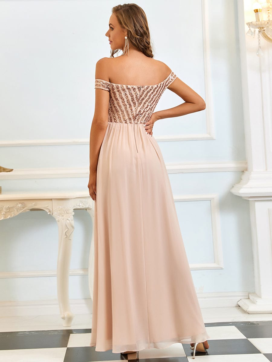 Off Shoulder Shining Paillette A-Line Maxi Evening Dress #color_Blush