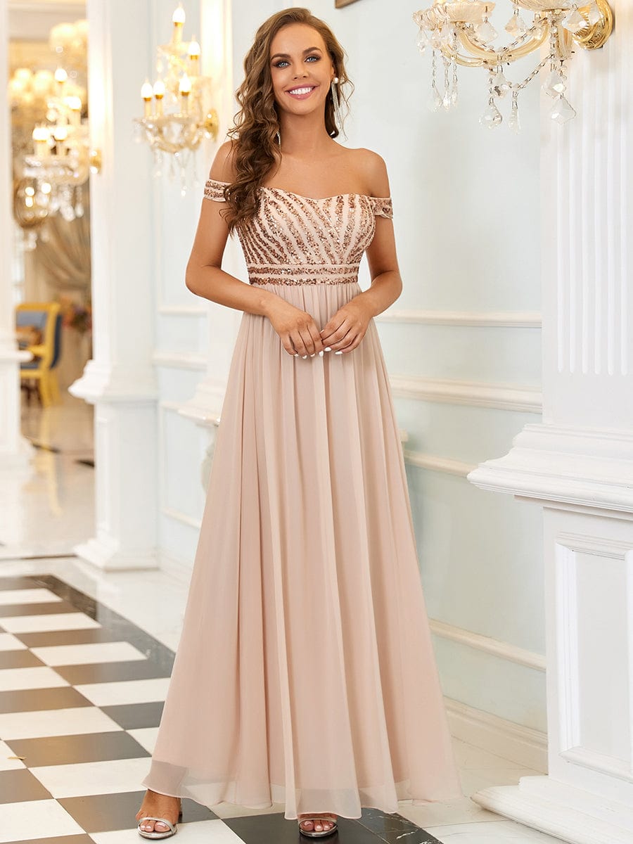 Off Shoulder Shining Paillette A-Line Maxi Evening Dress #color_Blush