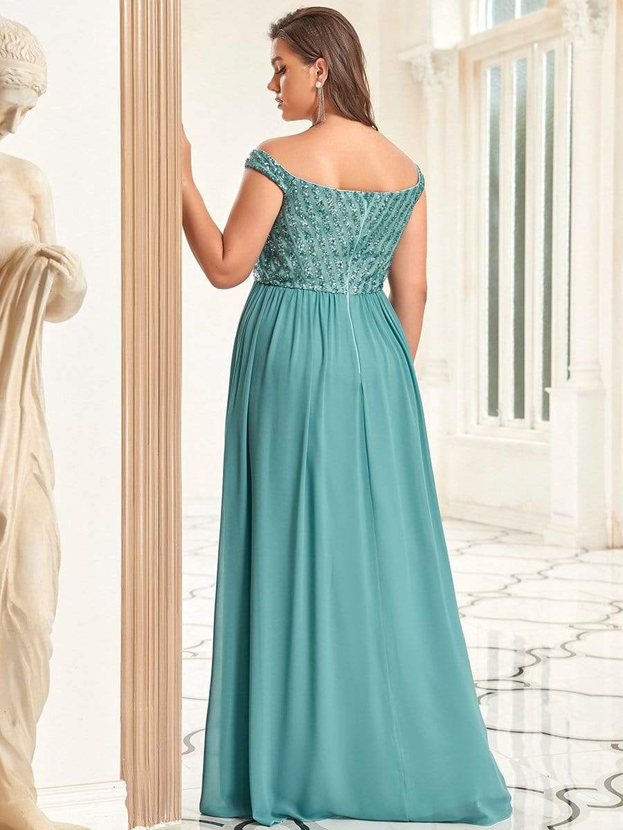 Plus Size Off the Shoulder Shining Paillette A-Line Maxi Evening Dress #color_Dusty Blue