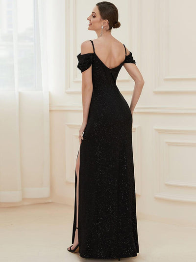 Spaghetti Straps Cold Shoulder Maxi Wedding Guest Dress #color_Black