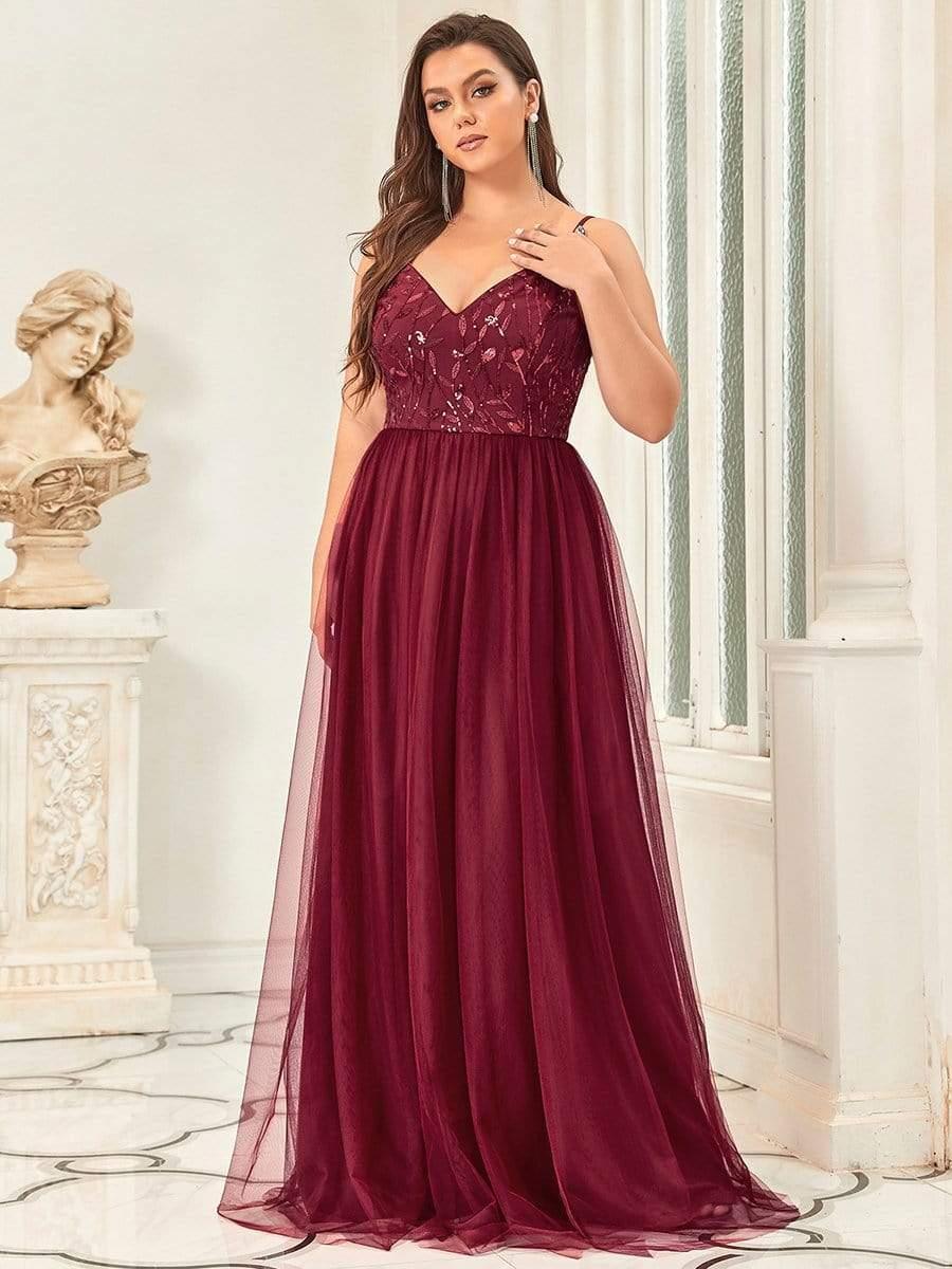 Plus Size V Neck Floral Sequined Spaghetti Straps Maxi Evening Dress #color_Burgundy
