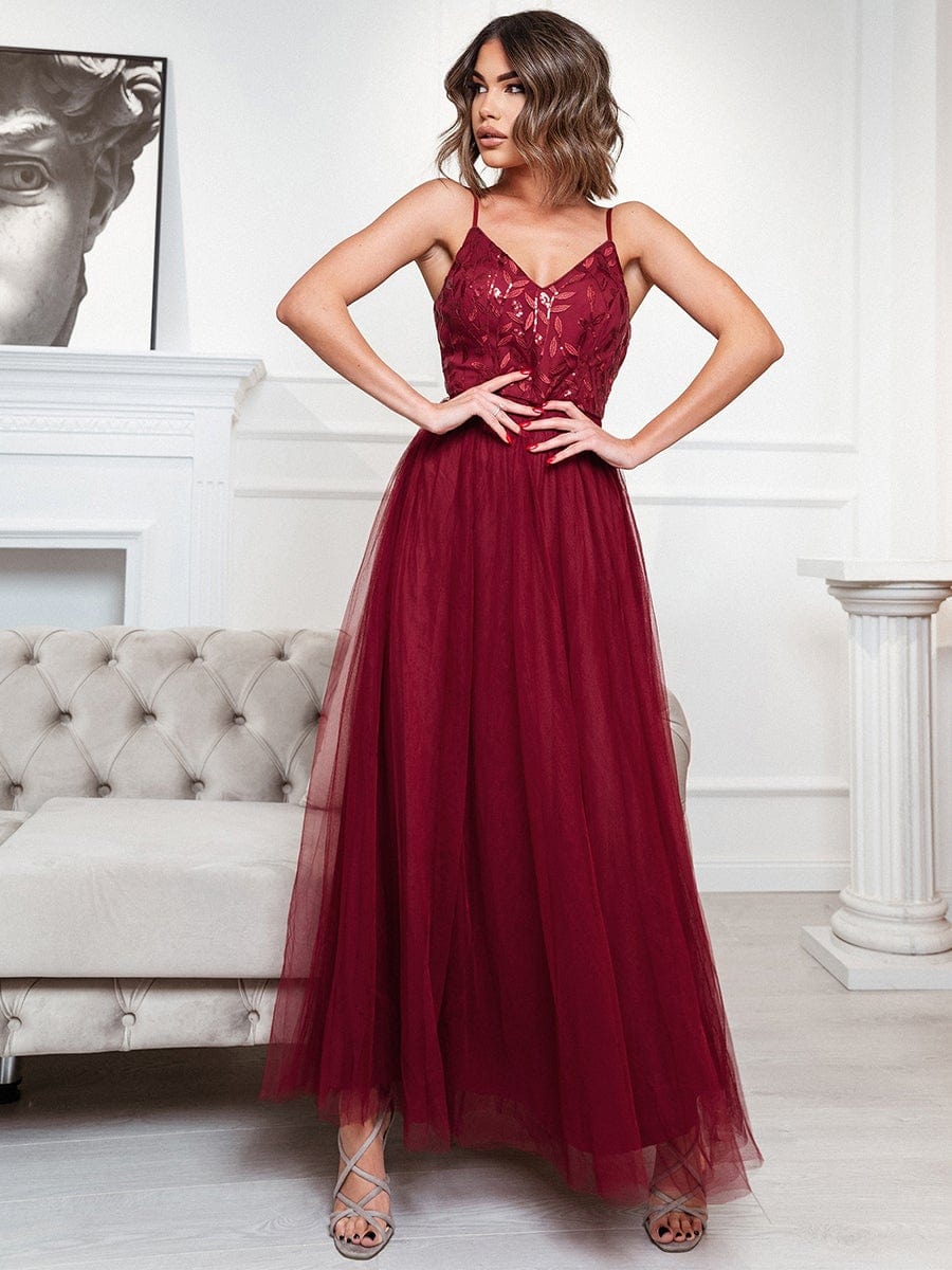 Custom Size V Neck Spaghetti Strap Embroidered Floor Length Tulle Evening Dress #color_Burgundy