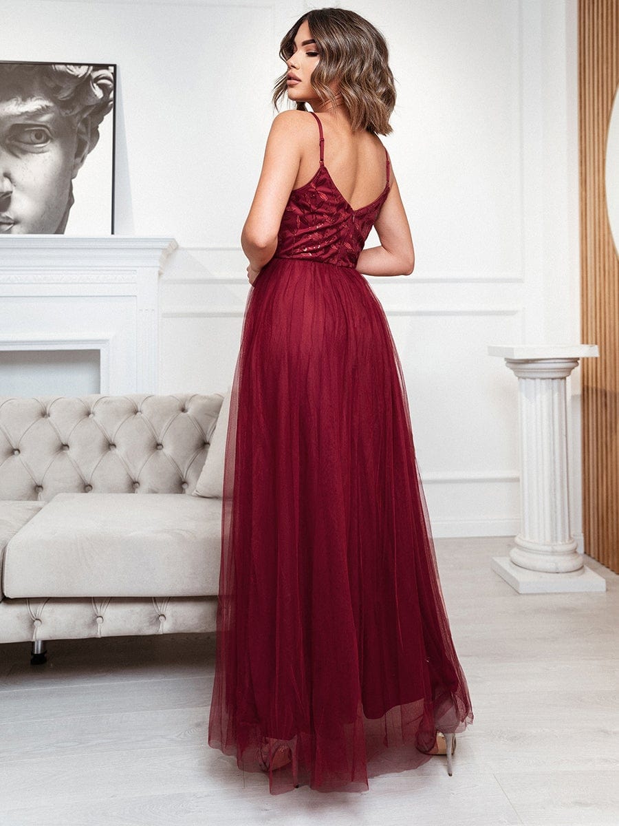 Custom Size V Neck Spaghetti Strap Embroidered Floor Length Tulle Evening Dress #color_Burgundy