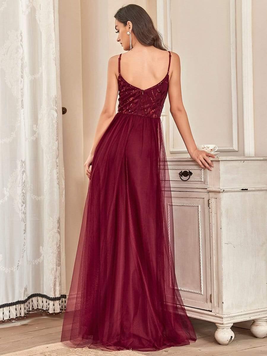 V Neck Spaghetti Strap Embroidered Floor Length Tulle Evening Dress #color_Burgundy