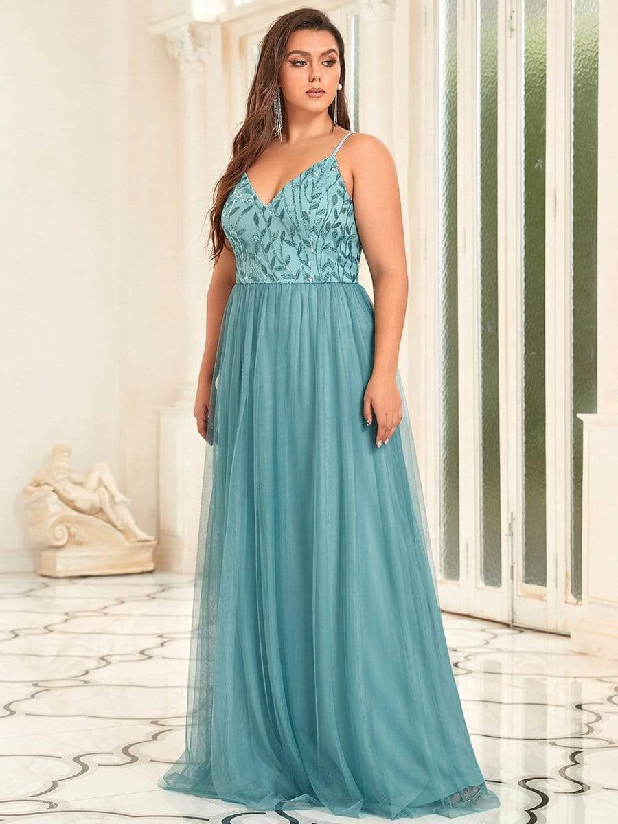 Plus Size V Neck Floral Sequined Spaghetti Straps Maxi Evening Dress