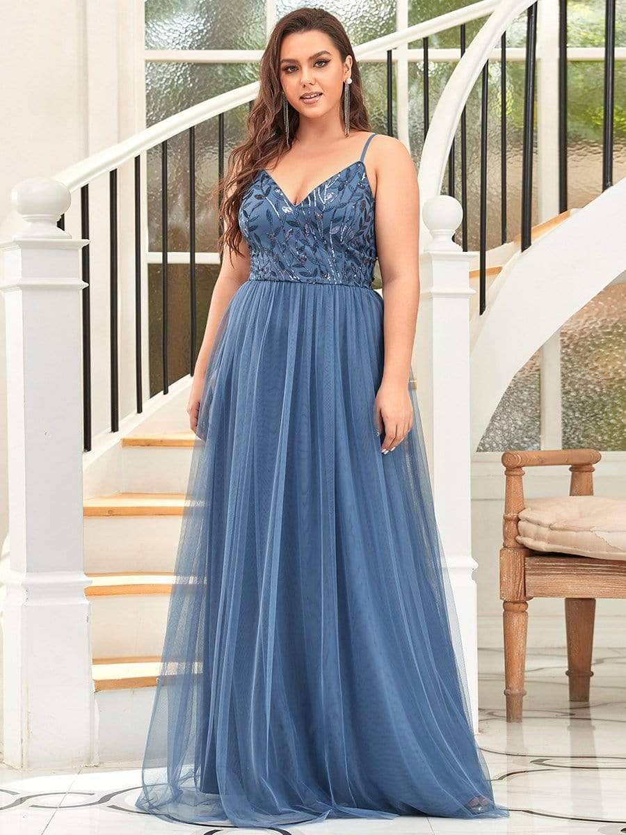Plus Size V Neck Floral Sequined Spaghetti Straps Maxi Evening Dress #color_Dusty Navy