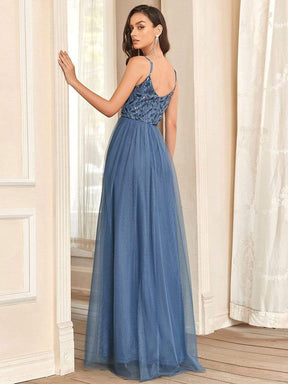 V Neck Spaghetti Strap Embroidered Maxi Tulle Wedding Guest Dress