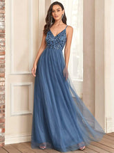 V Neck Spaghetti Strap Embroidered Floor Length Tulle Evening Dress #color_Dusty Navy