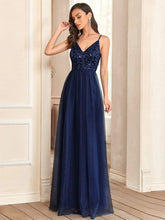V Neck Spaghetti Strap Embroidered Floor Length Tulle Evening Dress #color_Navy Blue
