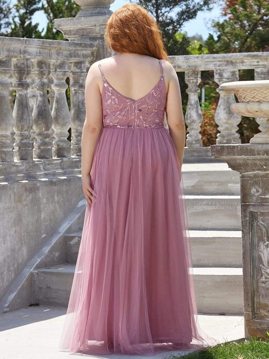 Plus Size V Neck Floral Sequined Spaghetti Straps Maxi Evening Dress #color_Purple Orchid