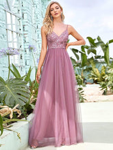 V Neck Spaghetti Strap Embroidered Floor Length Tulle Evening Dress #color_Purple Orchid