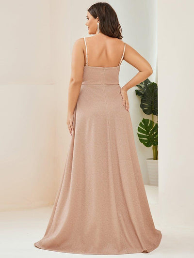 Plus Size Vintage V-neck Spaghetti Straps Glitter Maxi Evening Dress #color_Blush