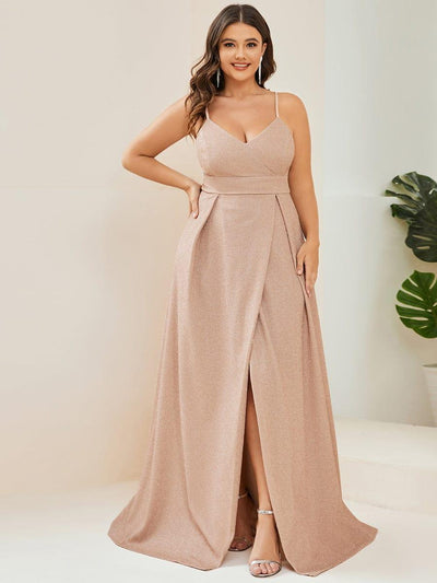 Plus Size Vintage V-neck Spaghetti Straps Glitter Maxi Evening Dress #color_Blush
