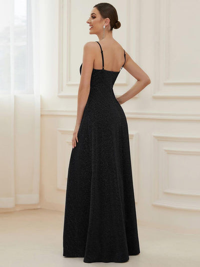 Vintage V-neck Spaghetti Straps Glitter Maxi Evening Dress #color_Black
