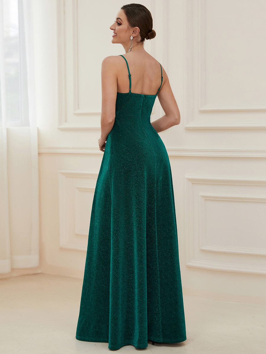 Vintage V-neck Spaghetti Straps Glitter Maxi Evening Dress #color_Dark Green
