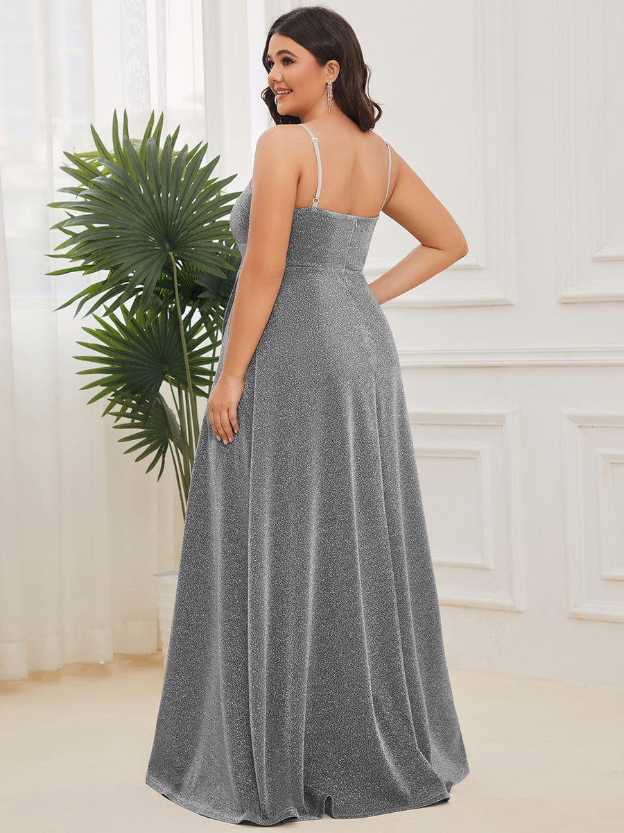 Plus Size Vintage V-neck Spaghetti Straps Glitter Maxi Evening Dress #color_Grey