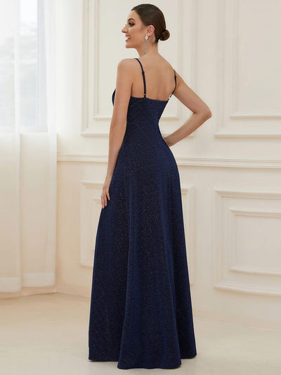 Vintage V-neck Spaghetti Straps Glitter Maxi Evening Dress #color_Navy Blue